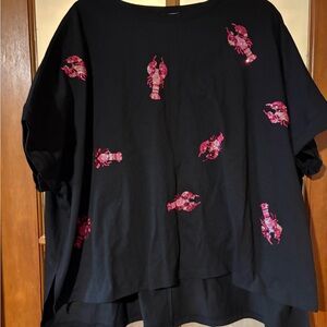 Oversized Lobster Sequin Black Tunic Top Coastal Novelty Statement Top